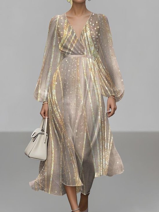 Damen Gestreift Puffärmel Frühling/Herbst Kleid V-Ausschnitt Langarm A-Linien-Kleid