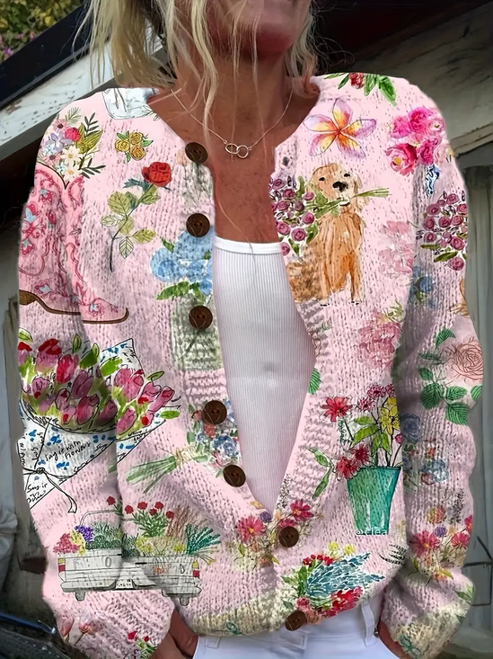 Damen Gestrickt Geblümt Langarm Bequem Retro Strickjacke