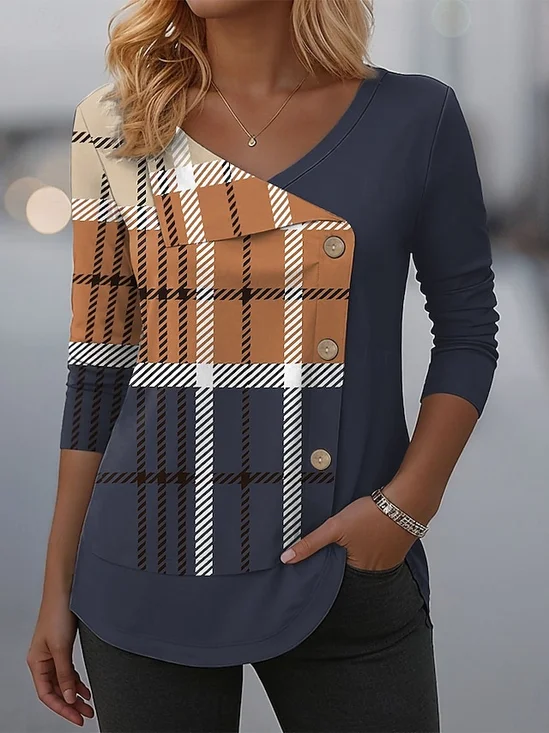 Lässig Farbblock V-Ausschnitt Langarm T-Shirt