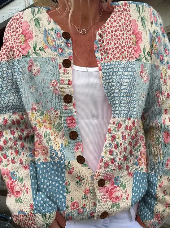 Damen Gestrickt Geblümt Langarm Bequem Retro Strickjacke