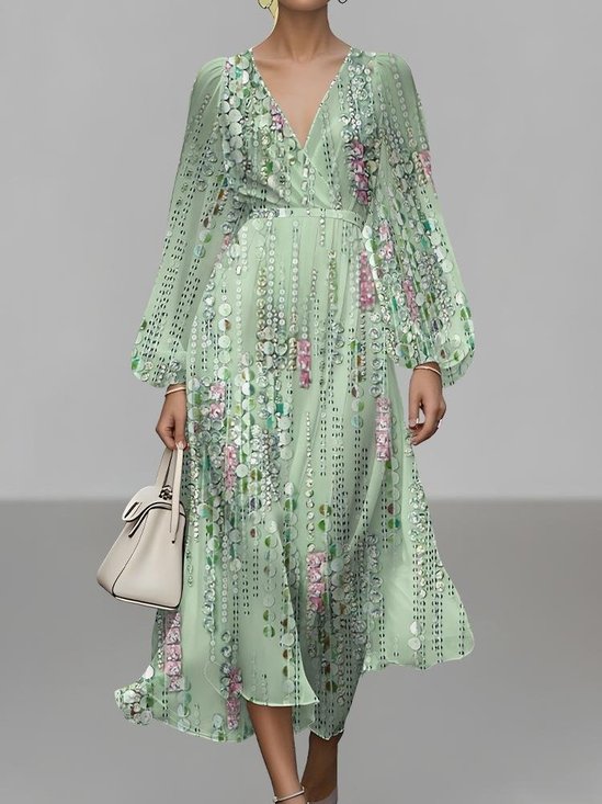 Damen Gestreift Puffärmel Frühling/Herbst Kleid V-Ausschnitt Langarm A-Linien-Kleid