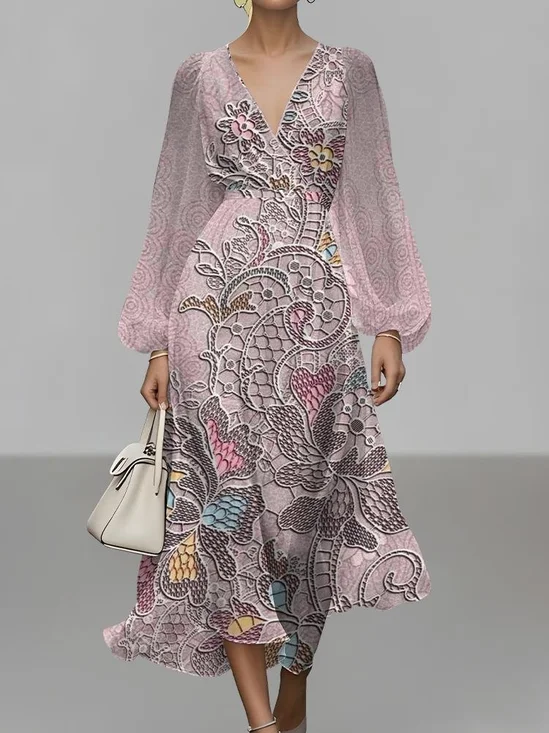 Damen Geblümt Puffärmel Frühling/Herbst Kleid V-Ausschnitt Langarm A-Linien-Kleid