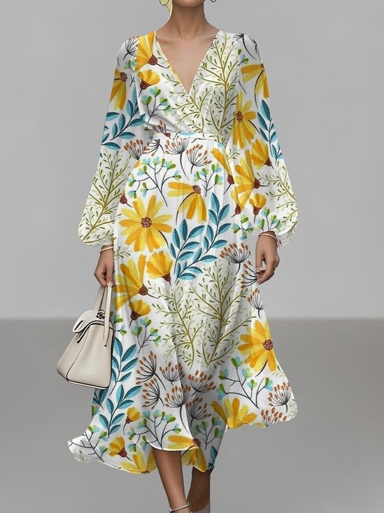 Damen Geblümt Puffärmel Frühling/Herbst Kleid V-Ausschnitt Langarm A-Linien-Kleid