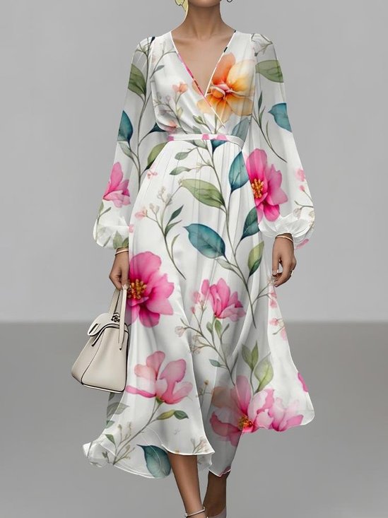 Damen Geblümt Puffärmel Frühling/Herbst Kleid V-Ausschnitt Langarm A-Linien-Kleid