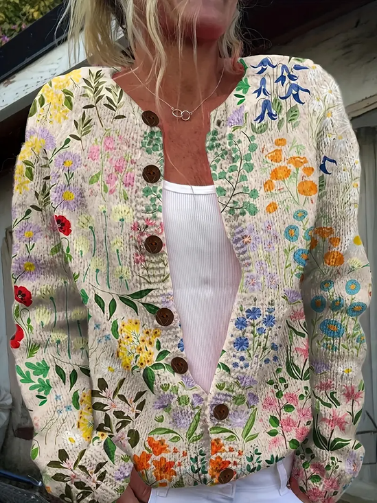 Damen Gestrickt Geblümt Langarm Bequem Retro Strickjacke