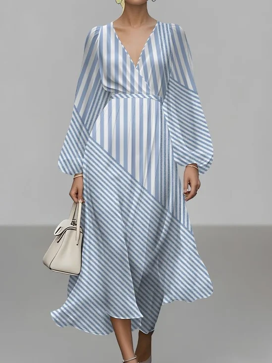 Damen Gestreift Puffärmel Frühling/Herbst Kleid V-Ausschnitt Langarm A-Linien-Kleid