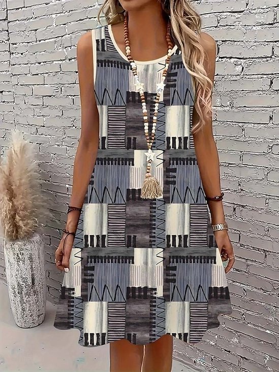 Damen Geometrisch Sommer Kleid V-Ausschnitt Ärmellos A-Linien-Kleid