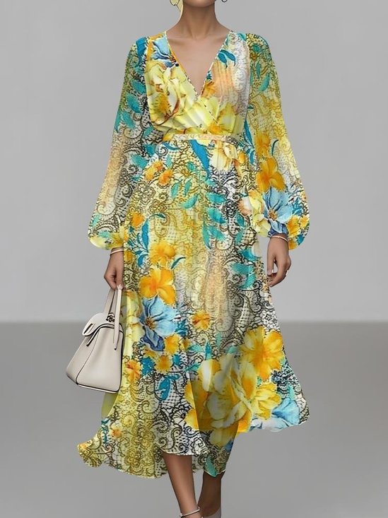 Damen Geblümt Puffärmel Frühling/Herbst Kleid V-Ausschnitt Langarm A-Linien-Kleid
