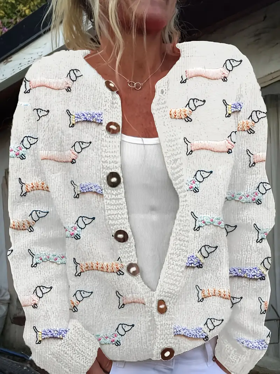 Damen Gestrickt Tier Langarm Bequem Retro Strickjacke