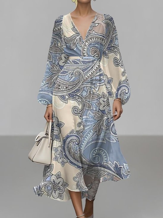 Damen Paisley Puffärmel Frühling/Herbst Kleid V-Ausschnitt Langarm A-Linien-Kleid