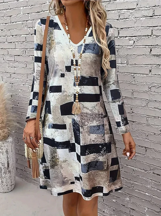 Damen Geometrisch Frühling/Herbst Kleid V-Ausschnitt Langarm A-Linien-Kleid