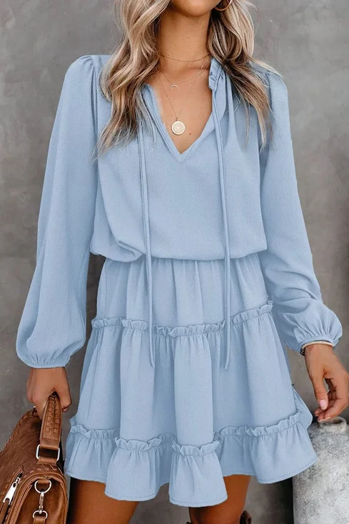 Damen Unifarben Frühling/Herbst Kleid V-Ausschnitt Langarm A-Linien-Kleid