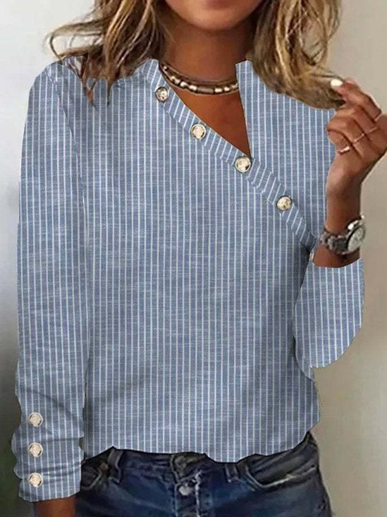 Asymmetrisch Langarm Gestreift Pullover Geknöpft Leicht Regelmäßige Passform Bluse für Damen