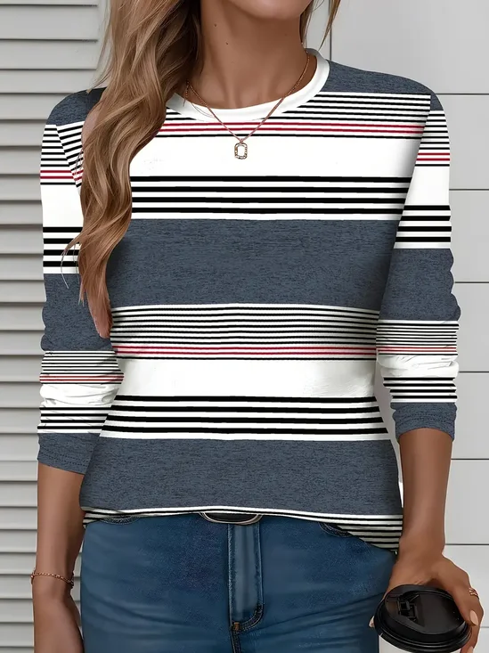 Lässig Gestreift Rundhals Langarm T-Shirt