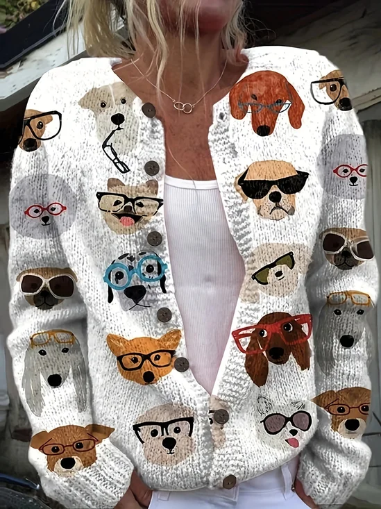 Damen Gestrickt Katze Langarm Bequem Retro Strickjacke