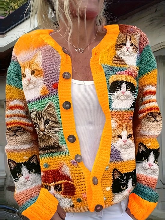 Damen Gestrickt Multifarben Block Langarm Bequem Retro Strickjacke