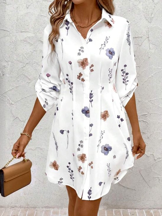 Damen Geblümt Frühling/Herbst Kleid Hemdkragen Langarm A-Linien-Kleid