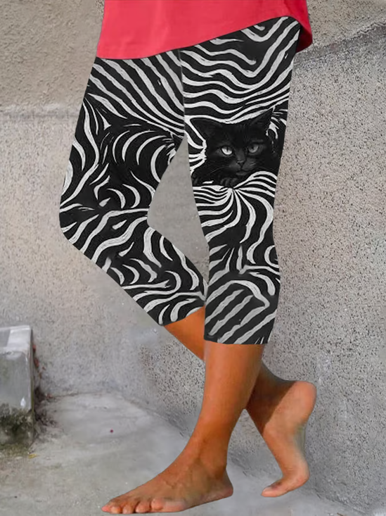Damen Katze Caprihosen Elastische Taille Hose Lässig Sommer Hose