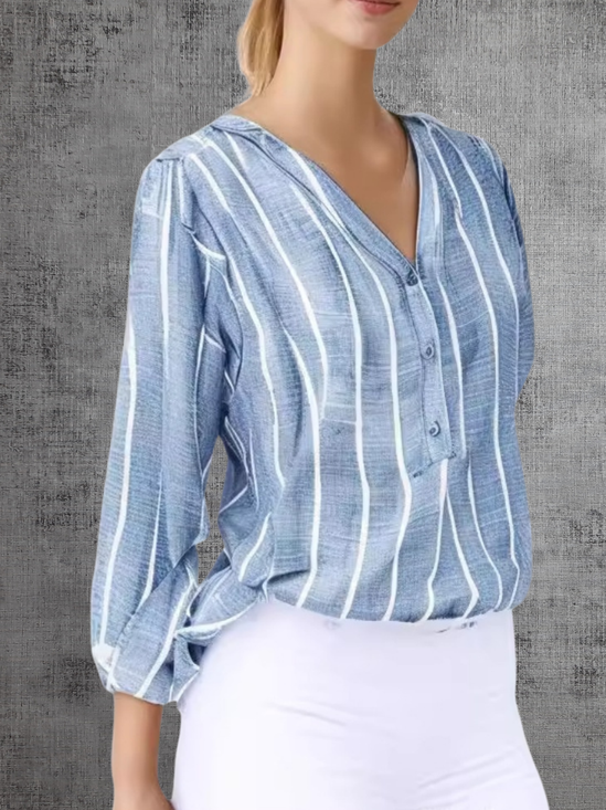 V-Ausschnitt Langarm Gestreift Print Regelmäßig Mikroelastizität Weit Tunika Bluse für Damen
