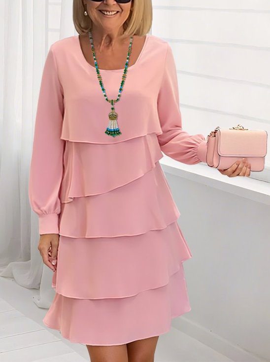 Damen Unifarben Frühling/Herbst Kleid Rundhals Langarm A-Linien-Kleid