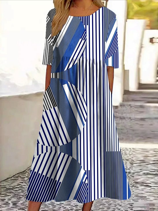 Damen Gestreift Sommer Kleid Rundhals Kurzarm A-Linien-Kleid