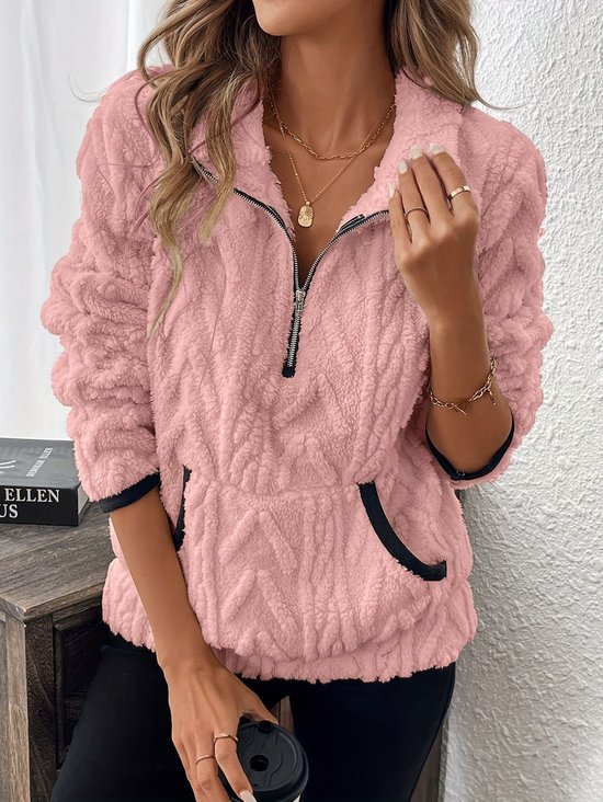 Lässig V-Ausschnitt Unifarben Sweatshirt