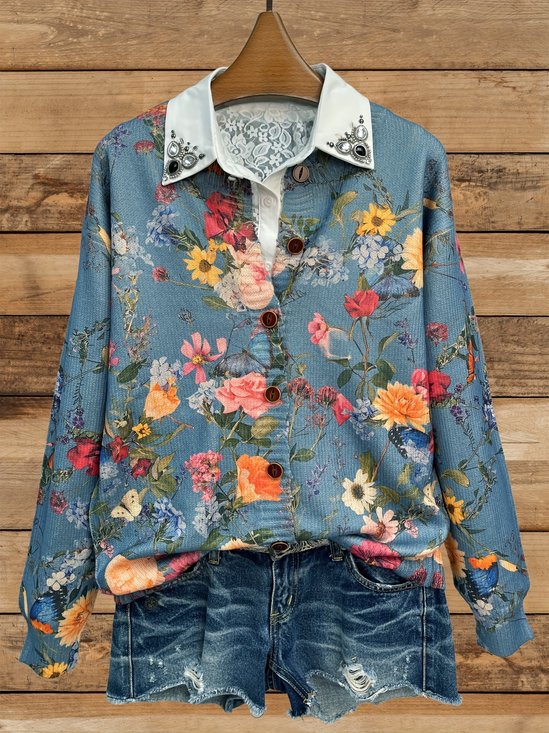 Damen Gestrickt Geblümt Langarm Bequem Retro Strickjacke