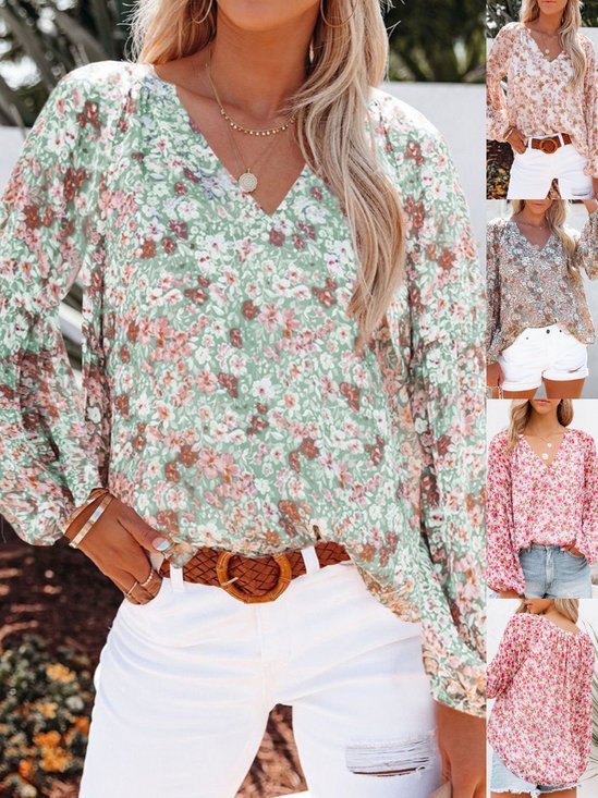 V-Ausschnitt Ballon-Ärmel Langarm Geblümt Print Regelmäßig Mikroelastizität Weit Bluse für Damen