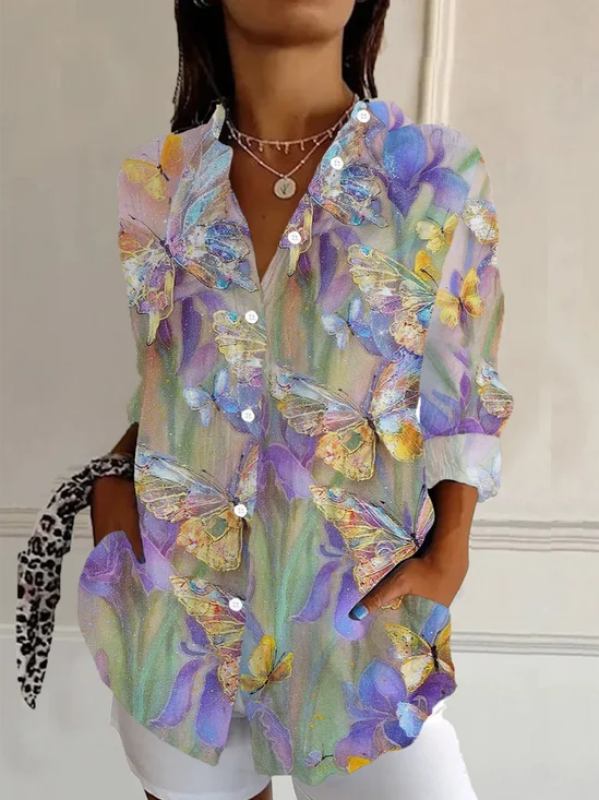 Hemdkragen Normale Ärmel Langarm Schmetterling Schnalle Regelmäßig Weit Knopfhemd Bluse für Damen