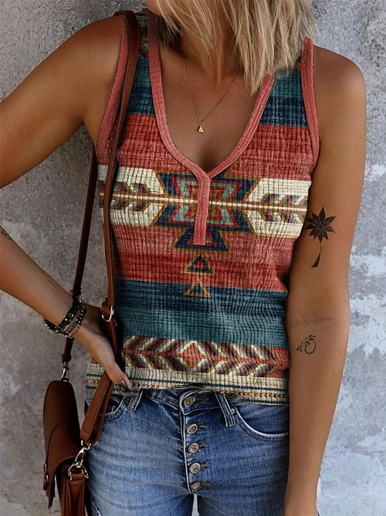 Lässig V-Ausschnitt Geometrisch Tanktop Oberteile