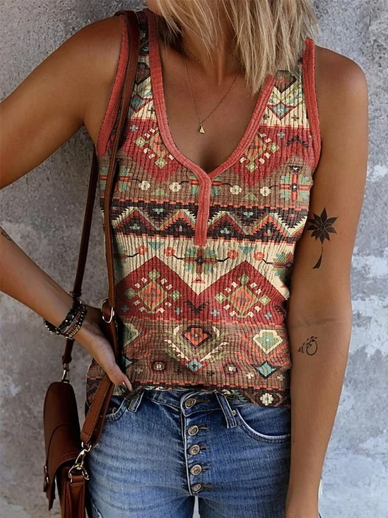 Lässig V-Ausschnitt Geometrisch Tanktop Oberteile