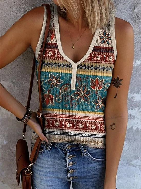 Lässig V-Ausschnitt Geometrisch Tanktop Oberteile