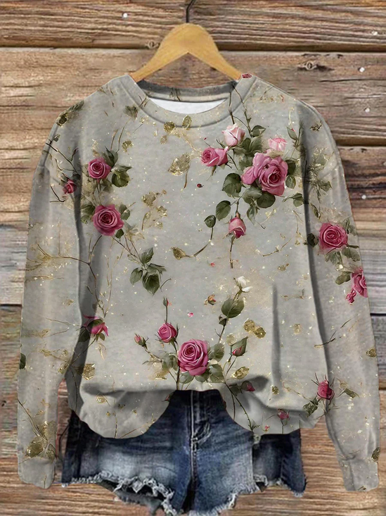 Lässig Rundhals Geblümt Sweatshirt Print