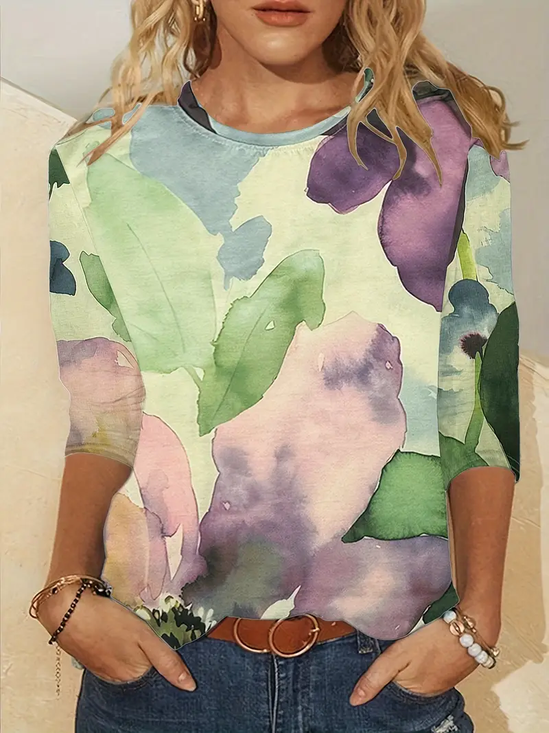 Lässig Geblümt Rundhals Langarm T-Shirt