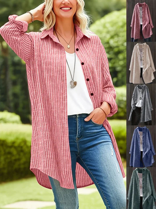 Stehkragen Langarm Gestreift Print Regelmäßig Mikroelastizität Weit Tunika Bluse für Damen