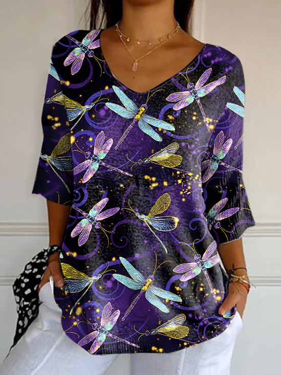 Lässig Libelle V-Ausschnitt Dreiviertelärmel T-Shirt