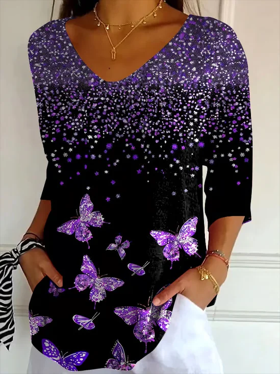Lässig Schmetterling V-Ausschnitt Dreiviertelärmel T-Shirt