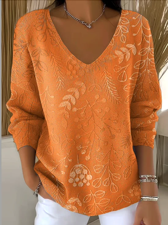 Damen Baumwolle Geblümt Langarm Bequem Lässig Pullover