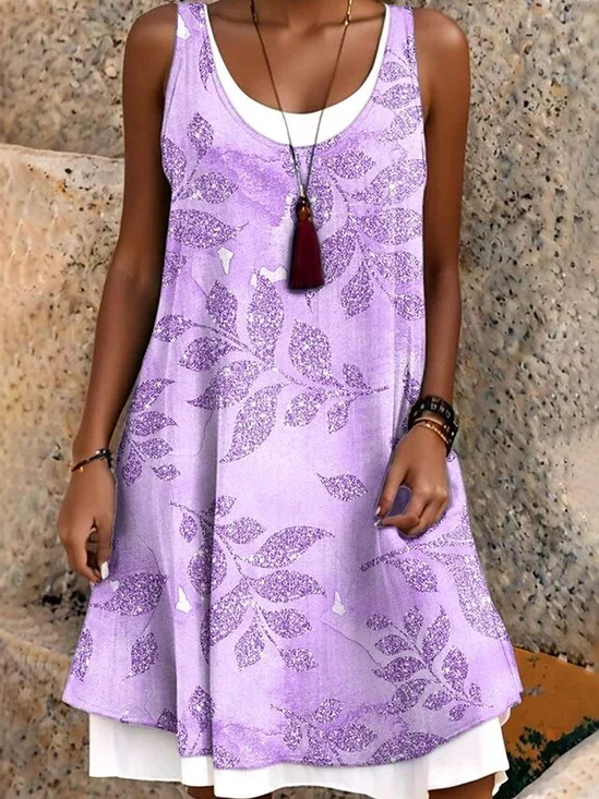 Damen Geblümt Sommer Kleid Rundhals Ärmellos A-Linien-Kleid