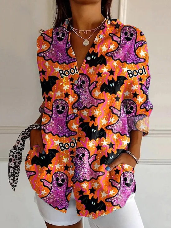Hemdkragen Langarm Halloween Regelmäßig Weit Bluse für Damen