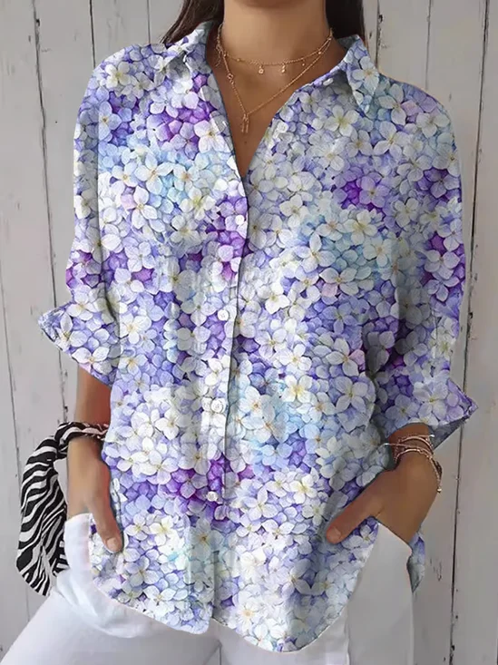 Hemdkragen Dreiviertelärmel Geblümt Print Regelmäßig Weit Knopfhemd Bluse für Damen