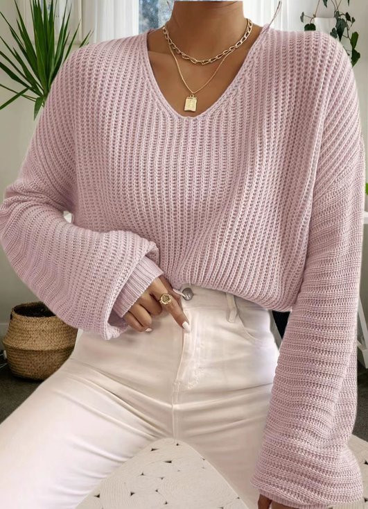 Damen Baumwolle Unifarben Langarm Bequem Lässig Pullover
