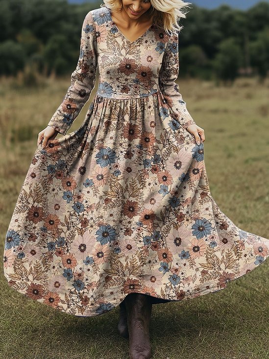 Damen Geblümt Frühling/Herbst Kleid V-Ausschnitt Langarm A-Linien-Kleid
