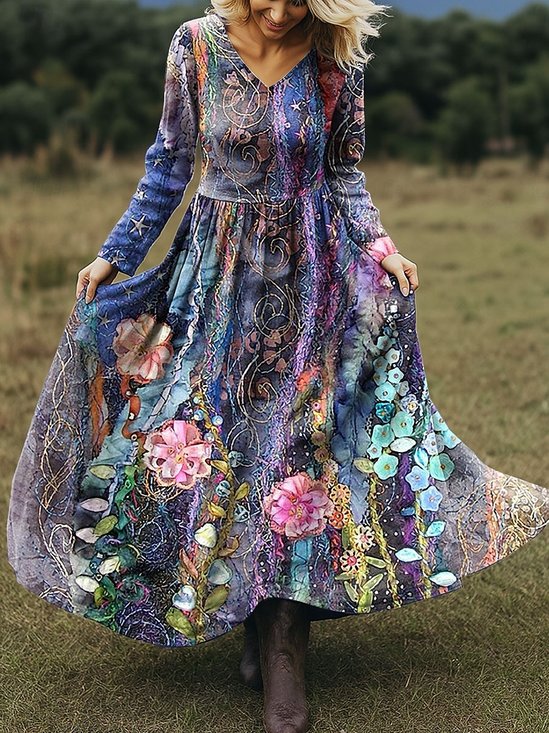 Damen Geblümt Frühling/Herbst Kleid V-Ausschnitt Langarm A-Linien-Kleid