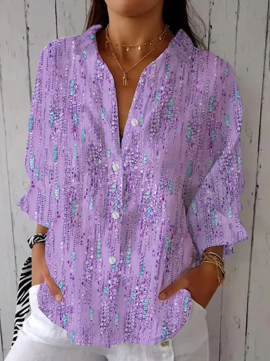Hemdkragen Dreiviertelärmel Abstrakt Print Regelmäßig Weit Knopfhemd Bluse für Damen