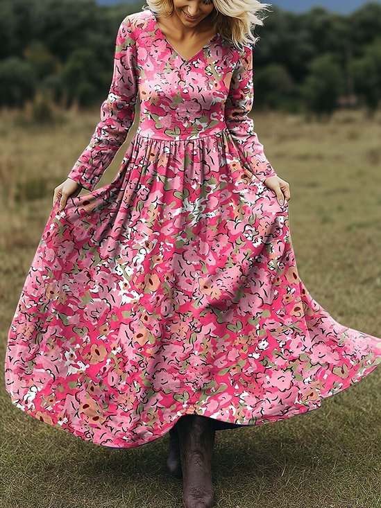 Damen Geblümt Frühling/Herbst Kleid V-Ausschnitt Langarm A-Linien-Kleid