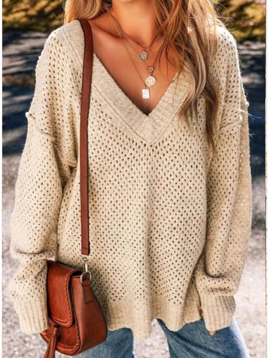 Damen Baumwolle Unifarben Langarm Bequem Lässig Pullover