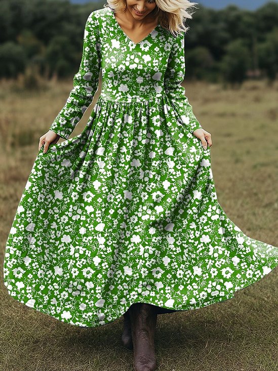 Damen Geblümt Frühling/Herbst Kleid V-Ausschnitt Langarm A-Linien-Kleid