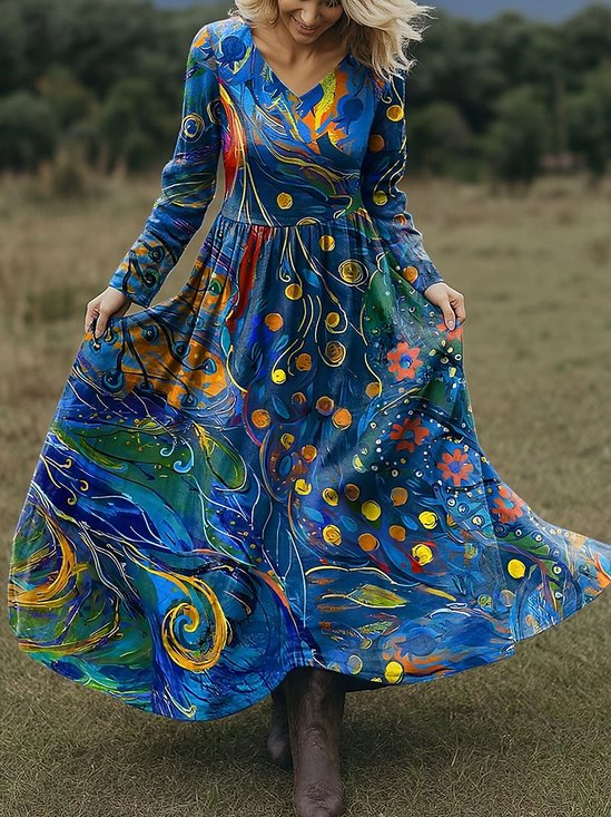 Damen Geblümt Frühling/Herbst Kleid V-Ausschnitt Langarm A-Linien-Kleid