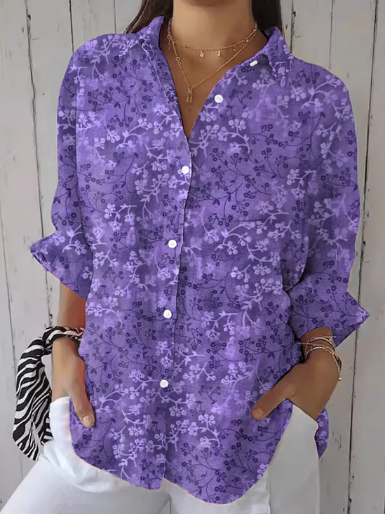 Hemdkragen Dreiviertelärmel Geblümt Print Regelmäßig Weit Knopfhemd Bluse für Damen